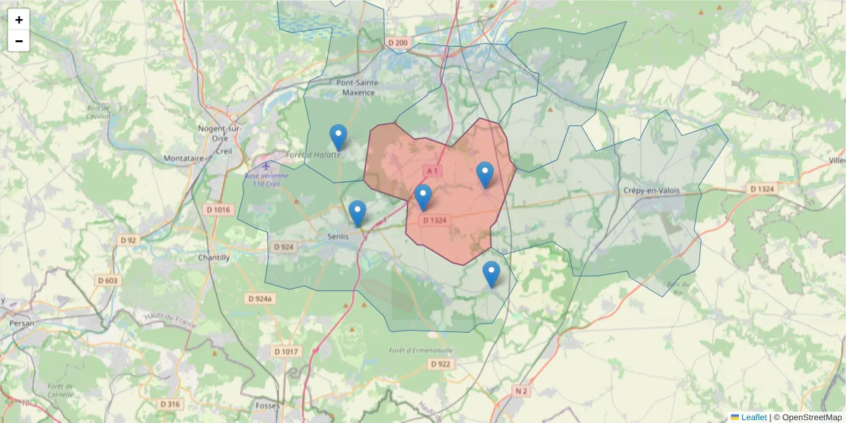 Carte de la zone du code postal  et des codes postaux voisins en France