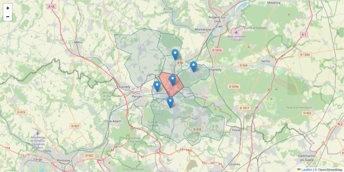 Carte de la zone du code postal  et des codes postaux voisins en France
