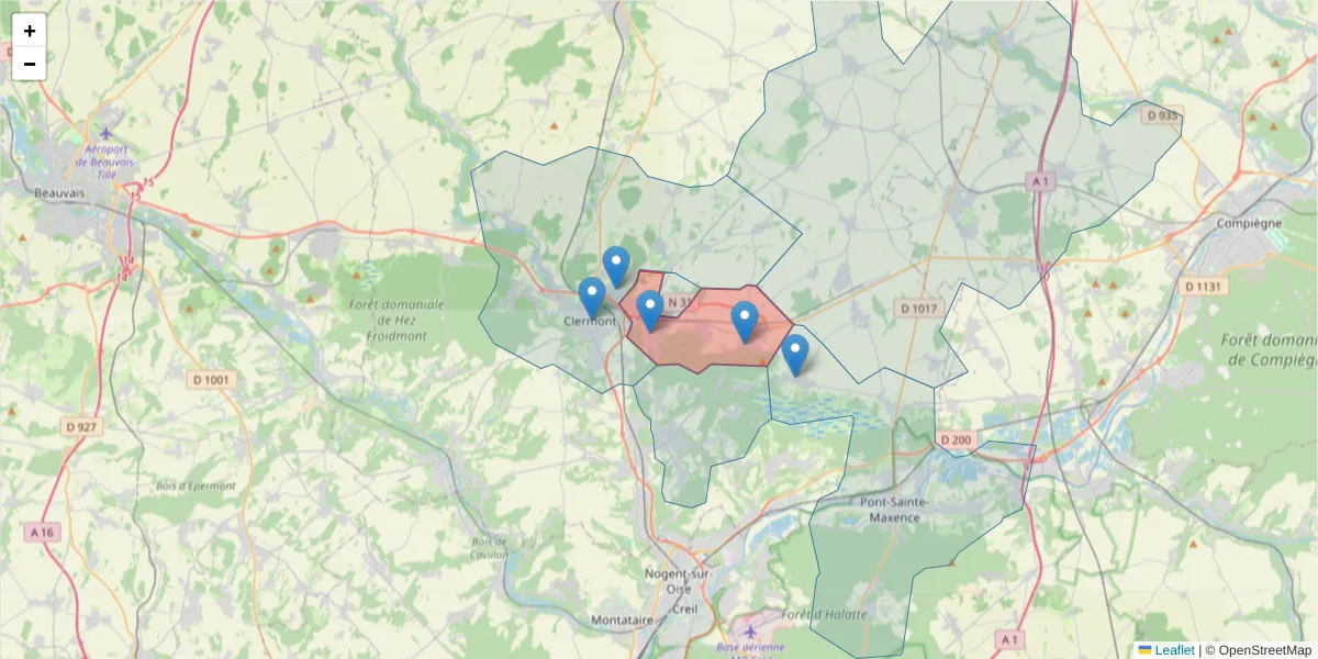 Carte de la zone du code postal  et des codes postaux voisins en France