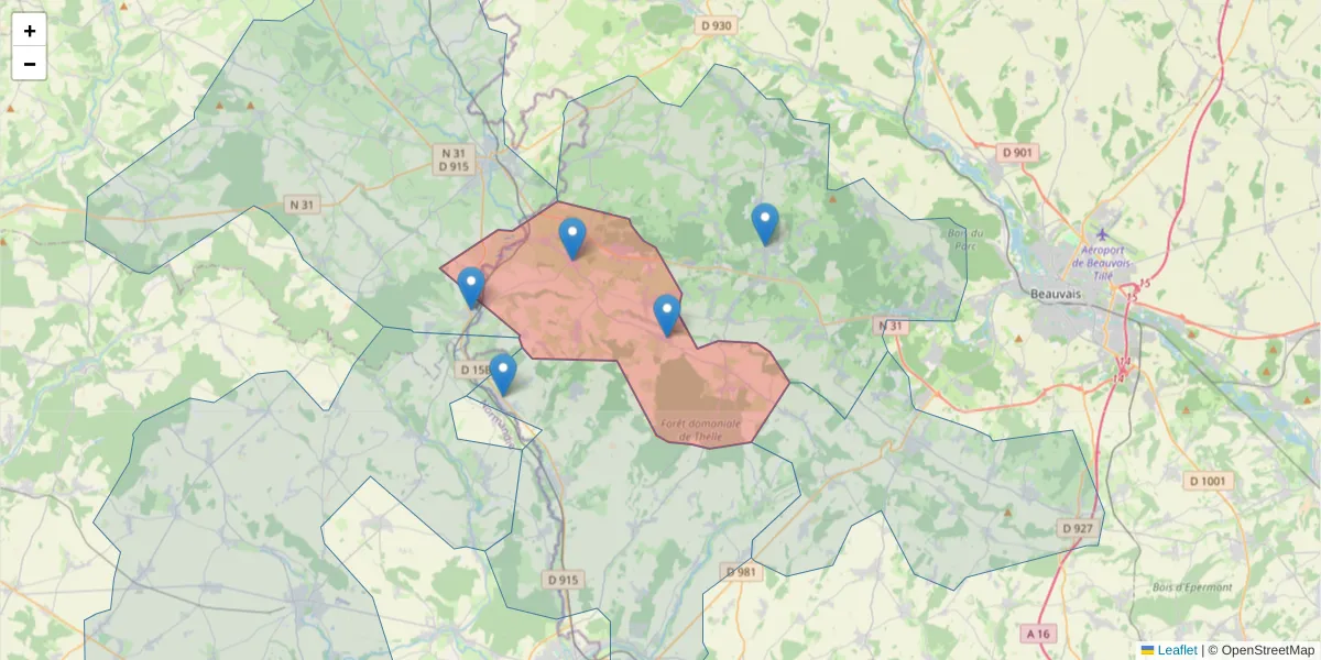 Carte de la zone du code postal  et des codes postaux voisins en France