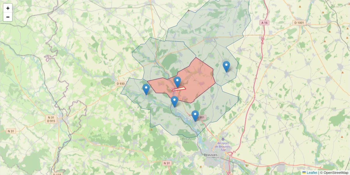 Carte de la zone du code postal  et des codes postaux voisins en France