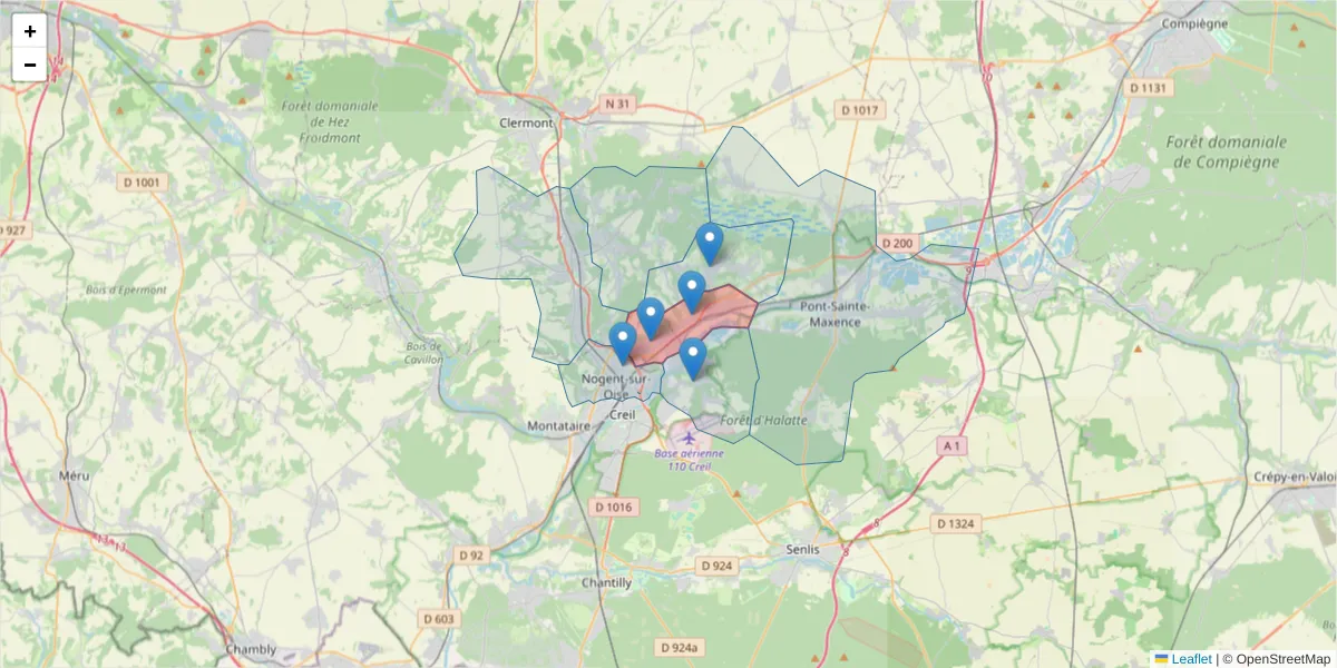 Carte de la zone du code postal  et des codes postaux voisins en France