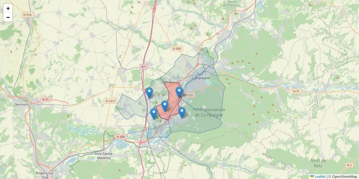 Carte de la zone du code postal  et des codes postaux voisins en France