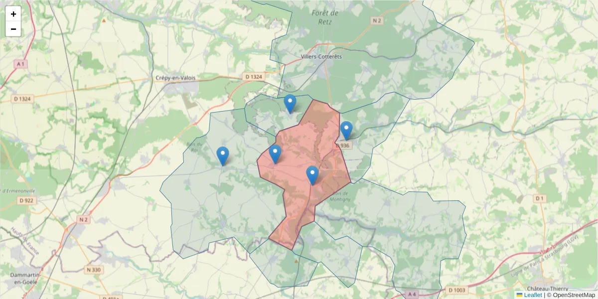 Carte de la zone du code postal  et des codes postaux voisins en France