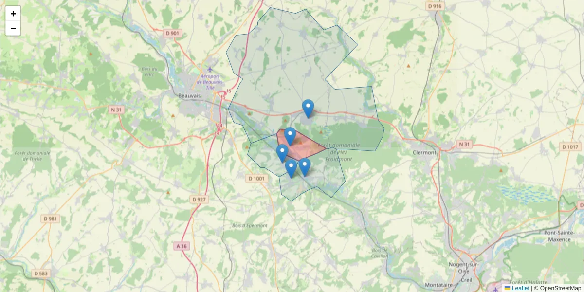 Carte de la zone du code postal  et des codes postaux voisins en France