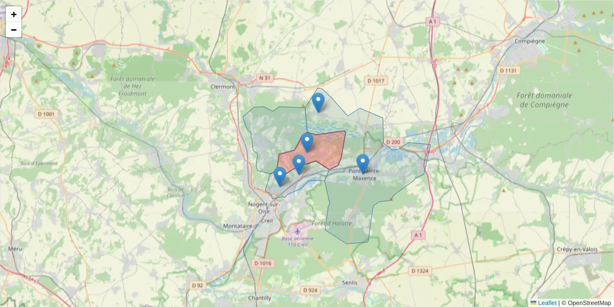 Carte de la zone du code postal  et des codes postaux voisins en France