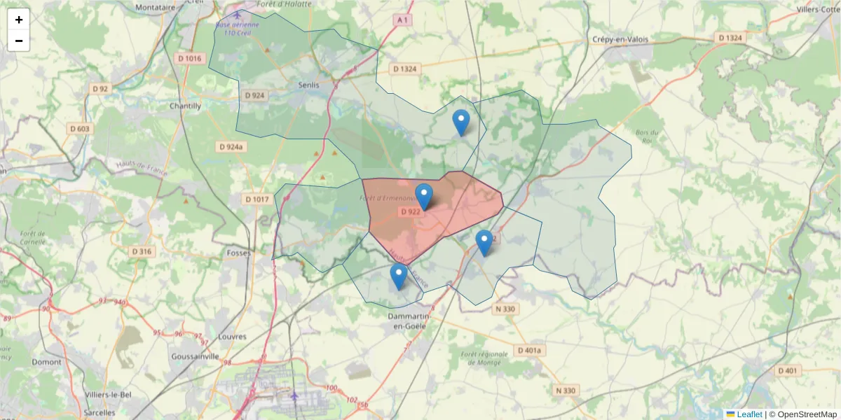 Carte de la zone du code postal  et des codes postaux voisins en France