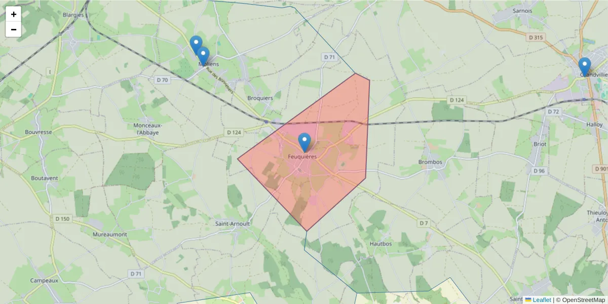 Carte de la zone du code postal  et des codes postaux voisins en France