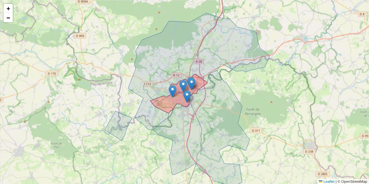 Carte de la zone du code postal  et des codes postaux voisins en France