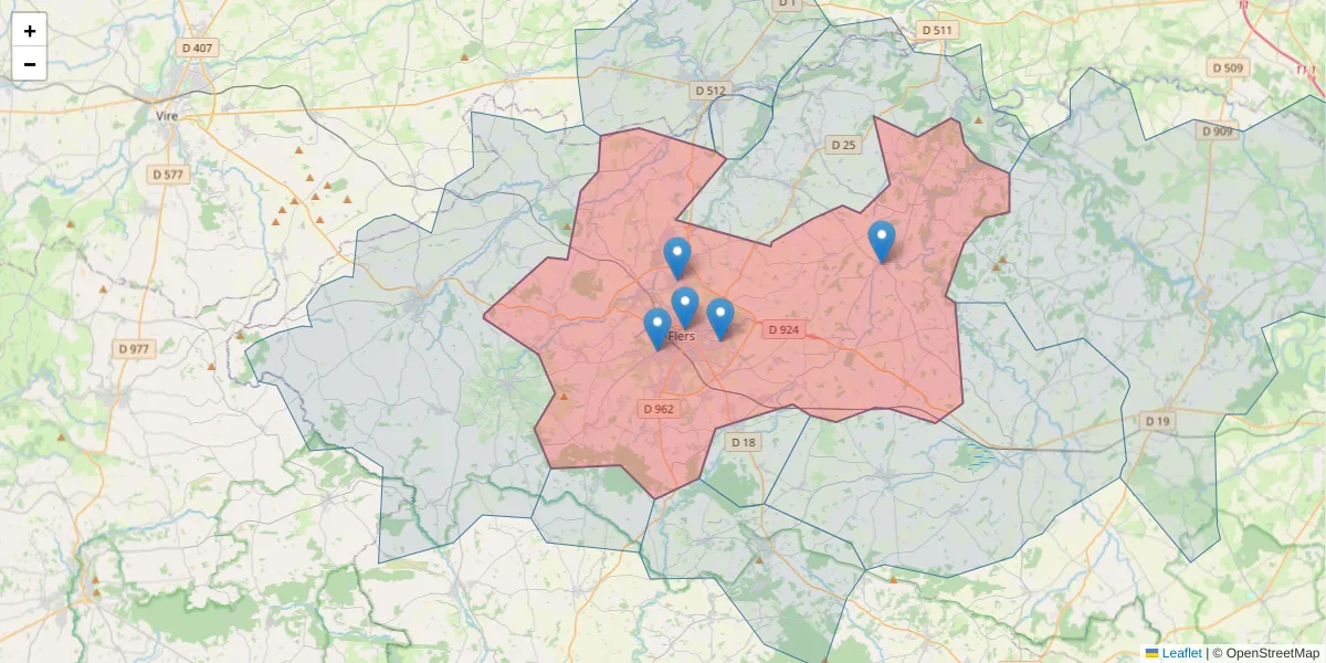 Carte de la zone du code postal  et des codes postaux voisins en France