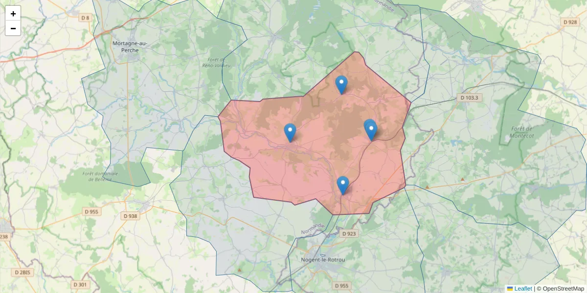 Carte de la zone du code postal  et des codes postaux voisins en France