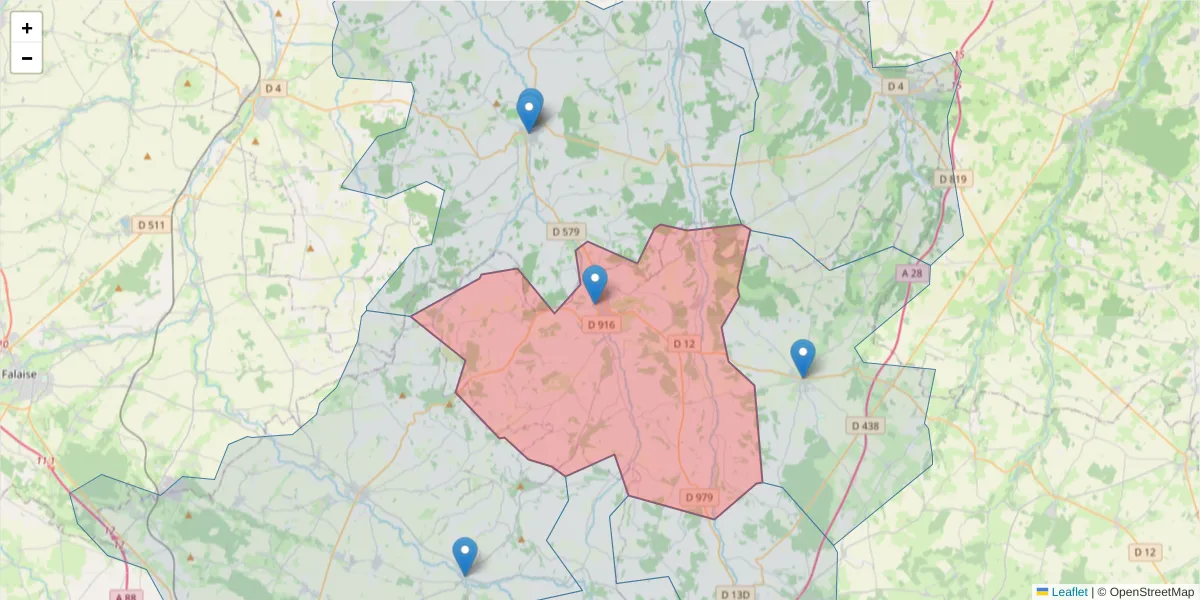 Carte de la zone du code postal  et des codes postaux voisins en France