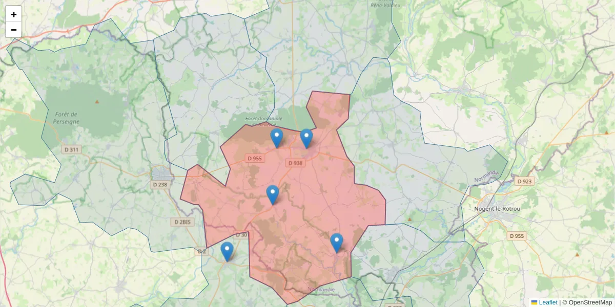 Carte de la zone du code postal  et des codes postaux voisins en France