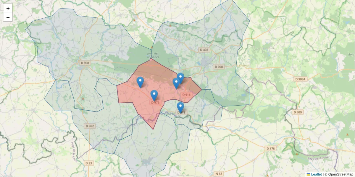 Carte de la zone du code postal  et des codes postaux voisins en France