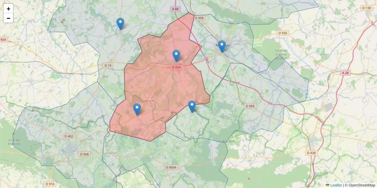 Carte de la zone du code postal  et des codes postaux voisins en France