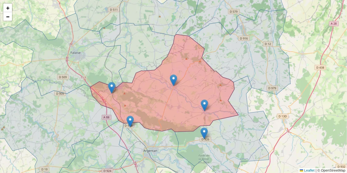 Carte de la zone du code postal  et des codes postaux voisins en France