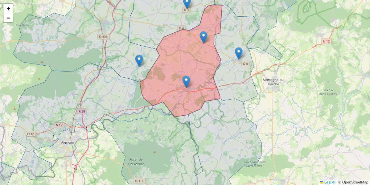 Carte de la zone du code postal  et des codes postaux voisins en France