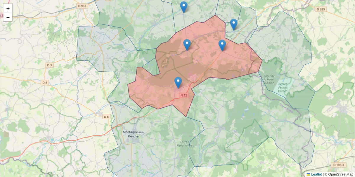 Carte de la zone du code postal  et des codes postaux voisins en France