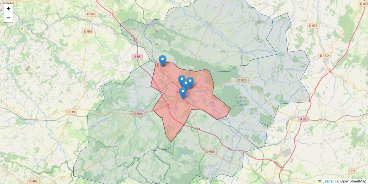 Carte de la zone du code postal  et des codes postaux voisins en France