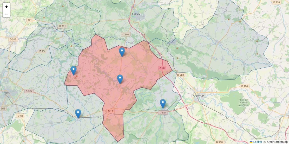 Carte de la zone du code postal  et des codes postaux voisins en France