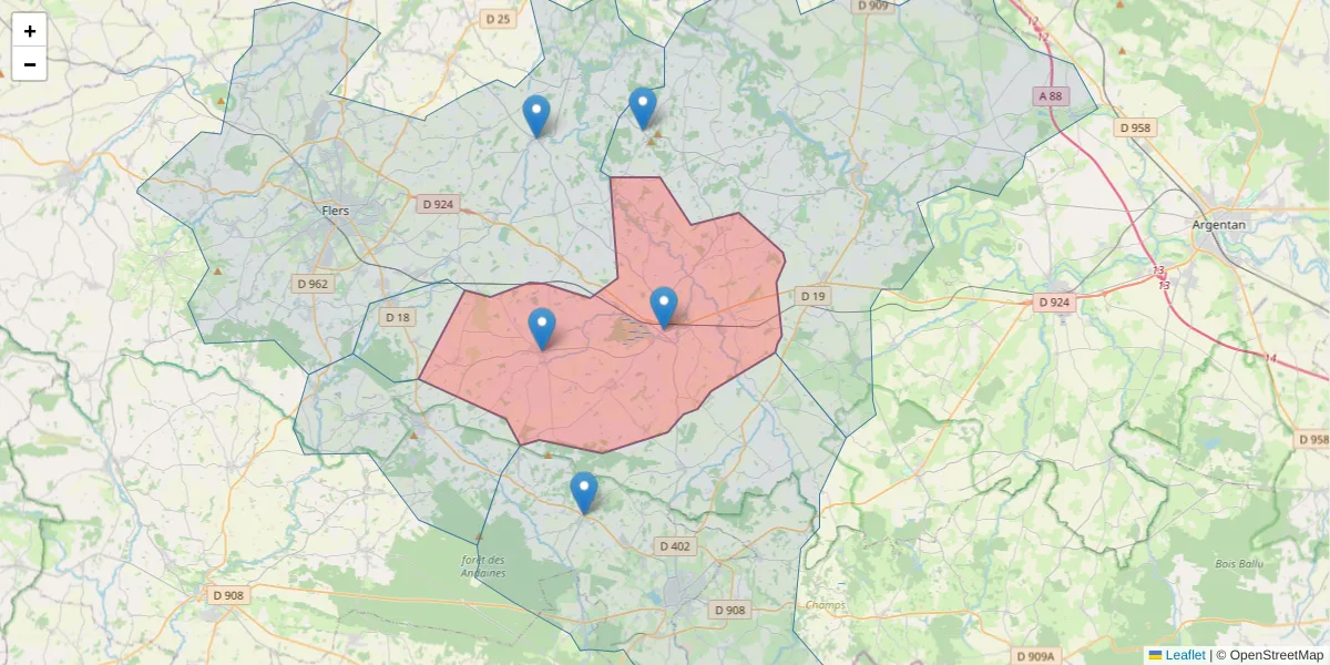 Carte de la zone du code postal  et des codes postaux voisins en France