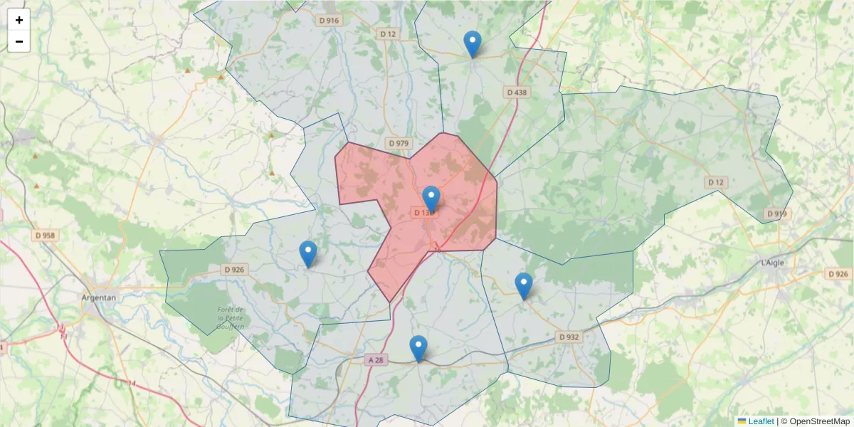 Carte de la zone du code postal  et des codes postaux voisins en France