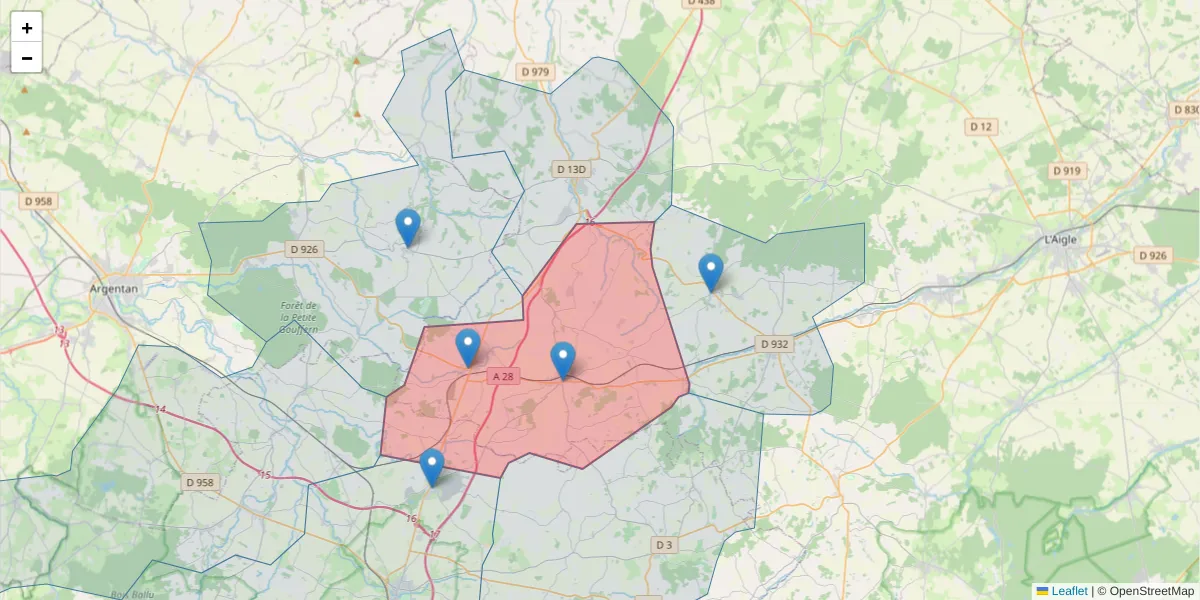 Carte de la zone du code postal  et des codes postaux voisins en France