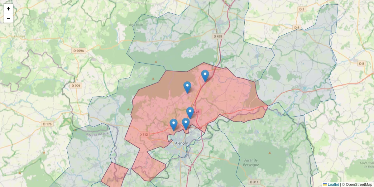 Carte de la zone du code postal  et des codes postaux voisins en France