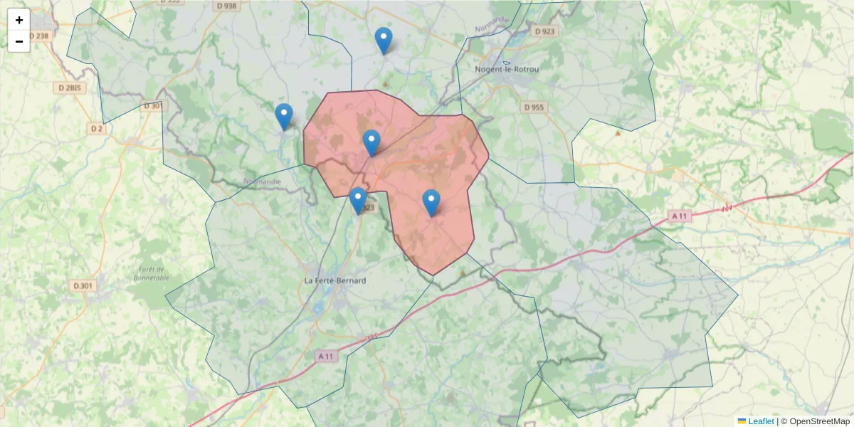 Carte de la zone du code postal  et des codes postaux voisins en France