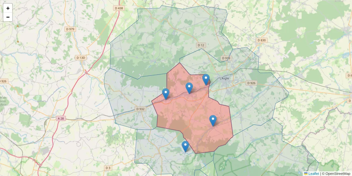 Carte de la zone du code postal  et des codes postaux voisins en France