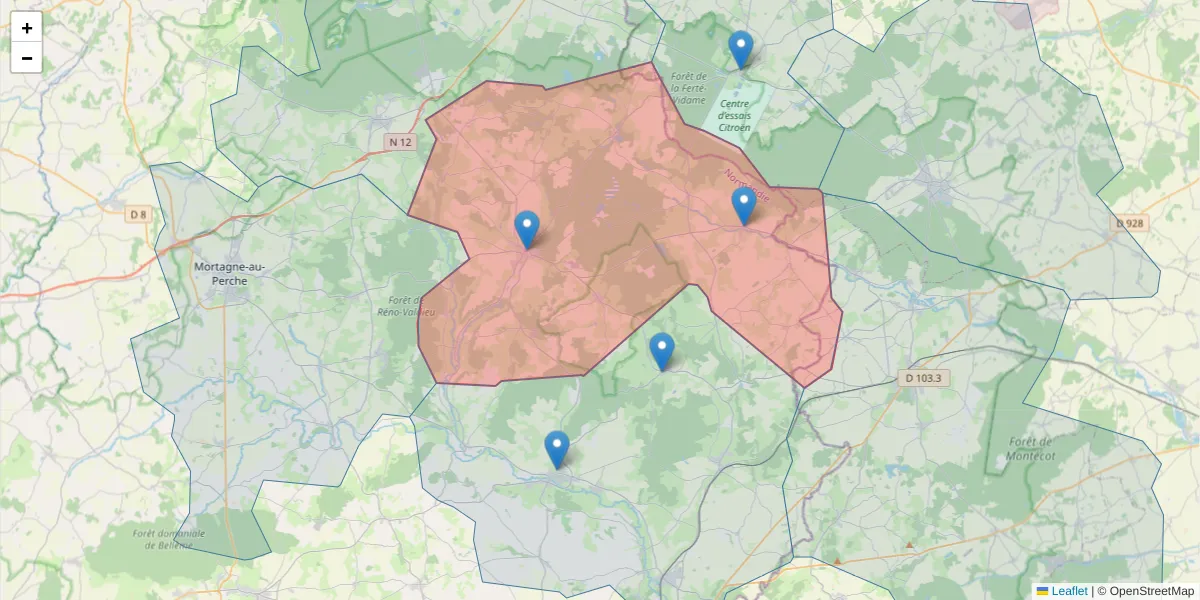 Carte de la zone du code postal  et des codes postaux voisins en France