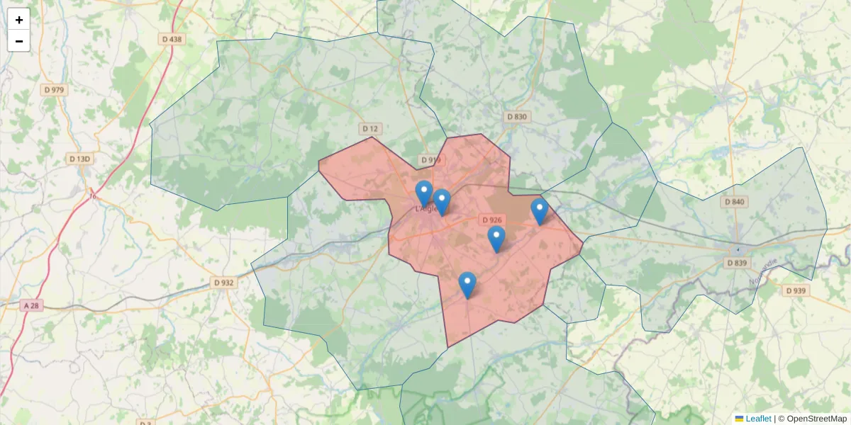 Carte de la zone du code postal  et des codes postaux voisins en France