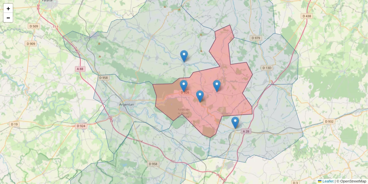 Carte de la zone du code postal  et des codes postaux voisins en France