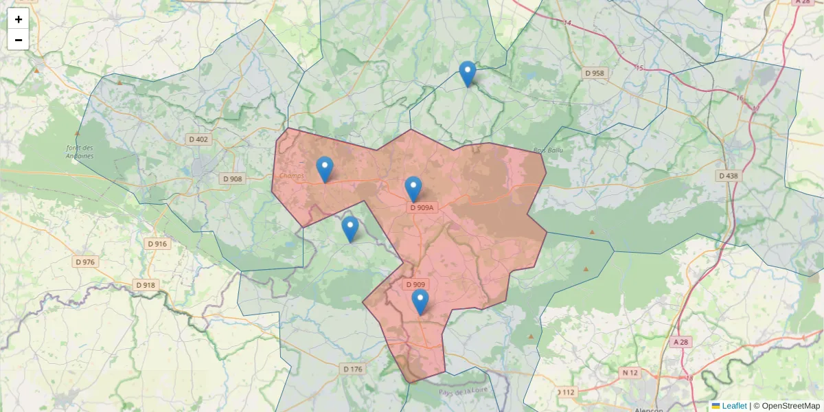 Carte de la zone du code postal  et des codes postaux voisins en France
