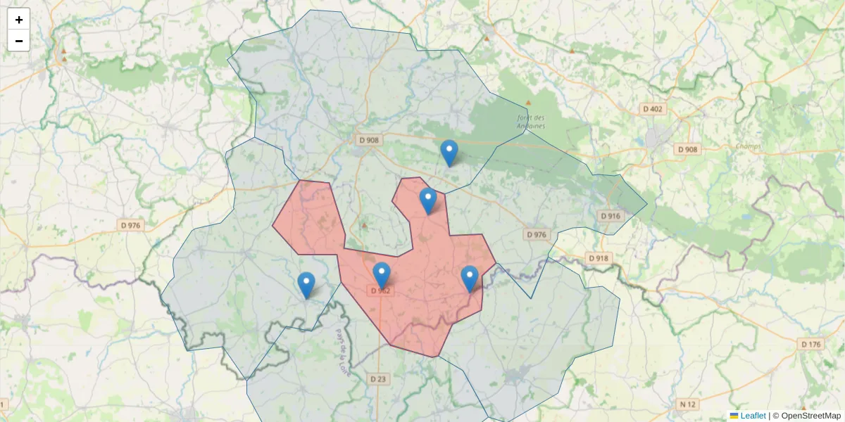 Carte de la zone du code postal  et des codes postaux voisins en France