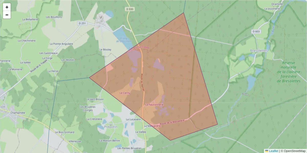 Carte de la zone du code postal  et des codes postaux voisins en France