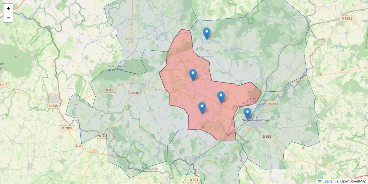 Carte de la zone du code postal  et des codes postaux voisins en France