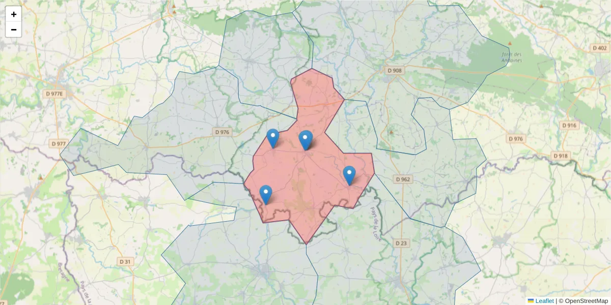 Carte de la zone du code postal  et des codes postaux voisins en France