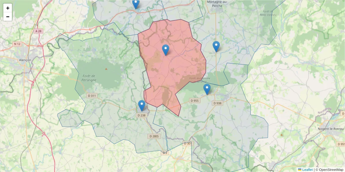 Carte de la zone du code postal  et des codes postaux voisins en France