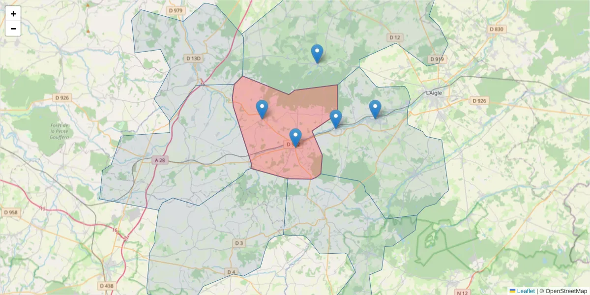 Carte de la zone du code postal  et des codes postaux voisins en France