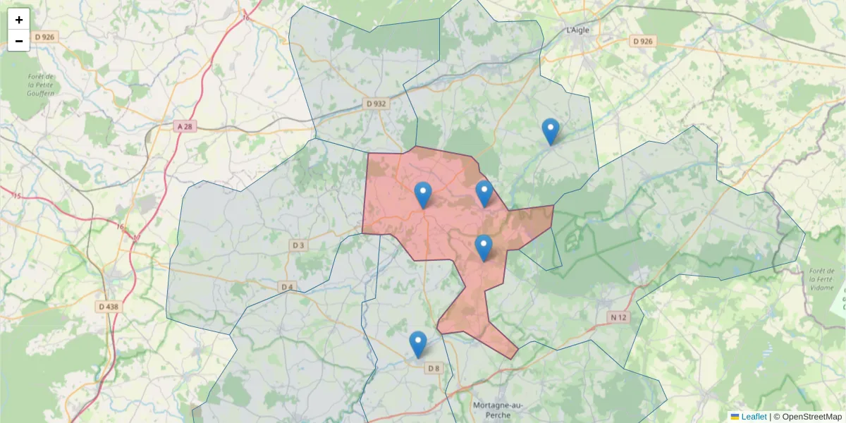 Carte de la zone du code postal  et des codes postaux voisins en France