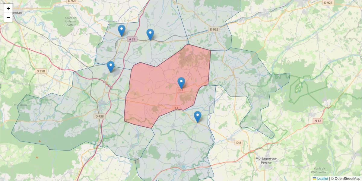 Carte de la zone du code postal  et des codes postaux voisins en France