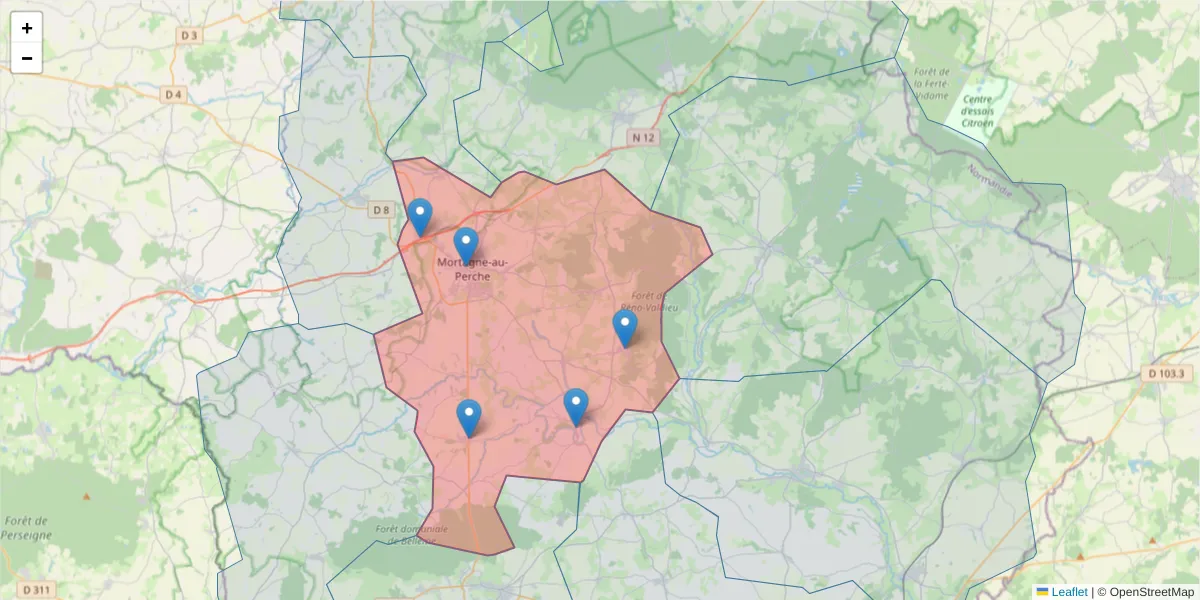 Carte de la zone du code postal  et des codes postaux voisins en France