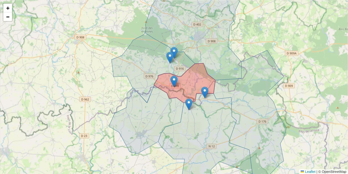 Carte de la zone du code postal  et des codes postaux voisins en France