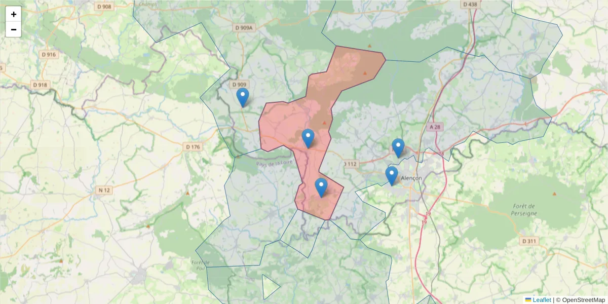 Carte de la zone du code postal  et des codes postaux voisins en France