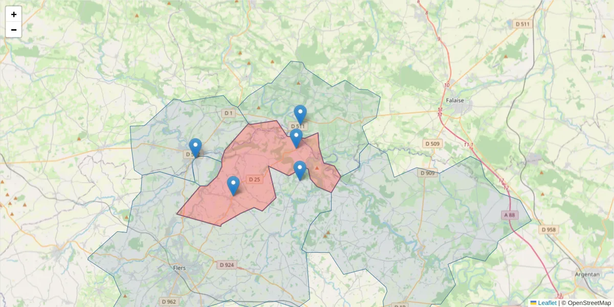 Carte de la zone du code postal  et des codes postaux voisins en France