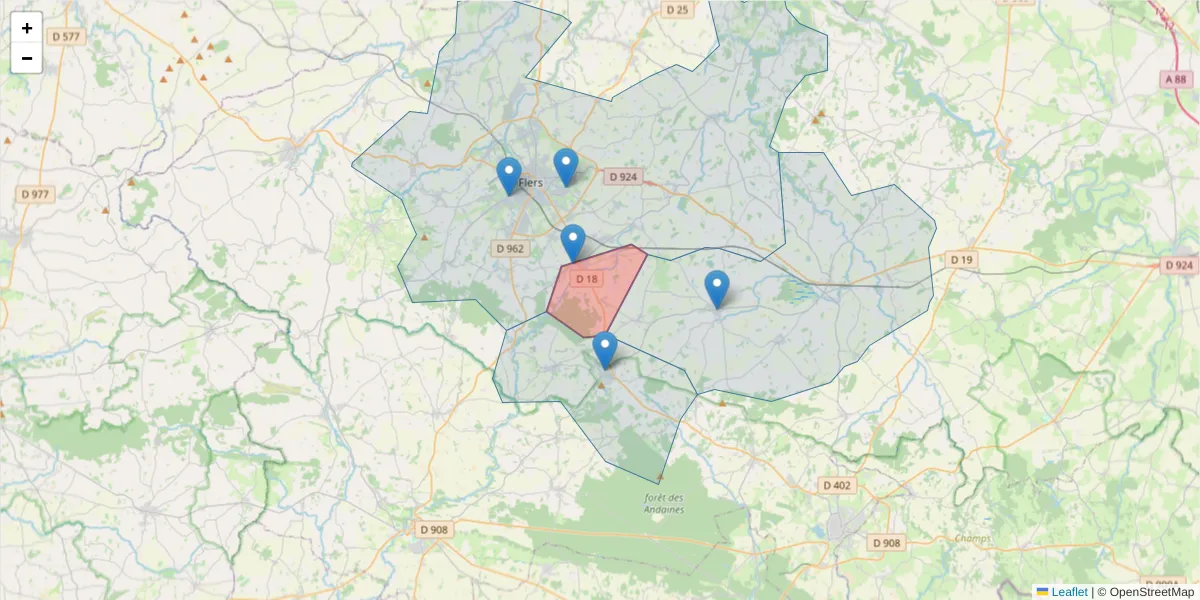 Carte de la zone du code postal  et des codes postaux voisins en France