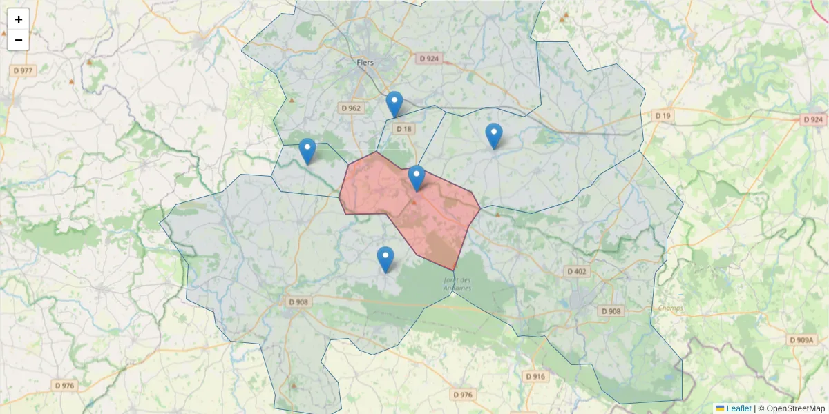 Carte de la zone du code postal  et des codes postaux voisins en France