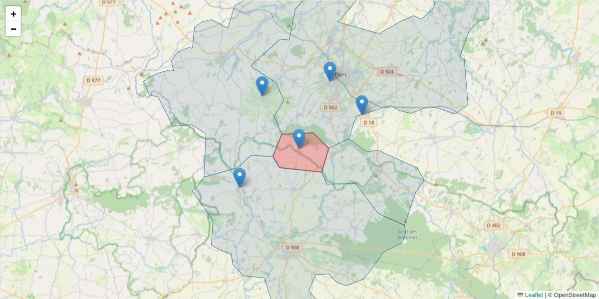 Carte de la zone du code postal  et des codes postaux voisins en France