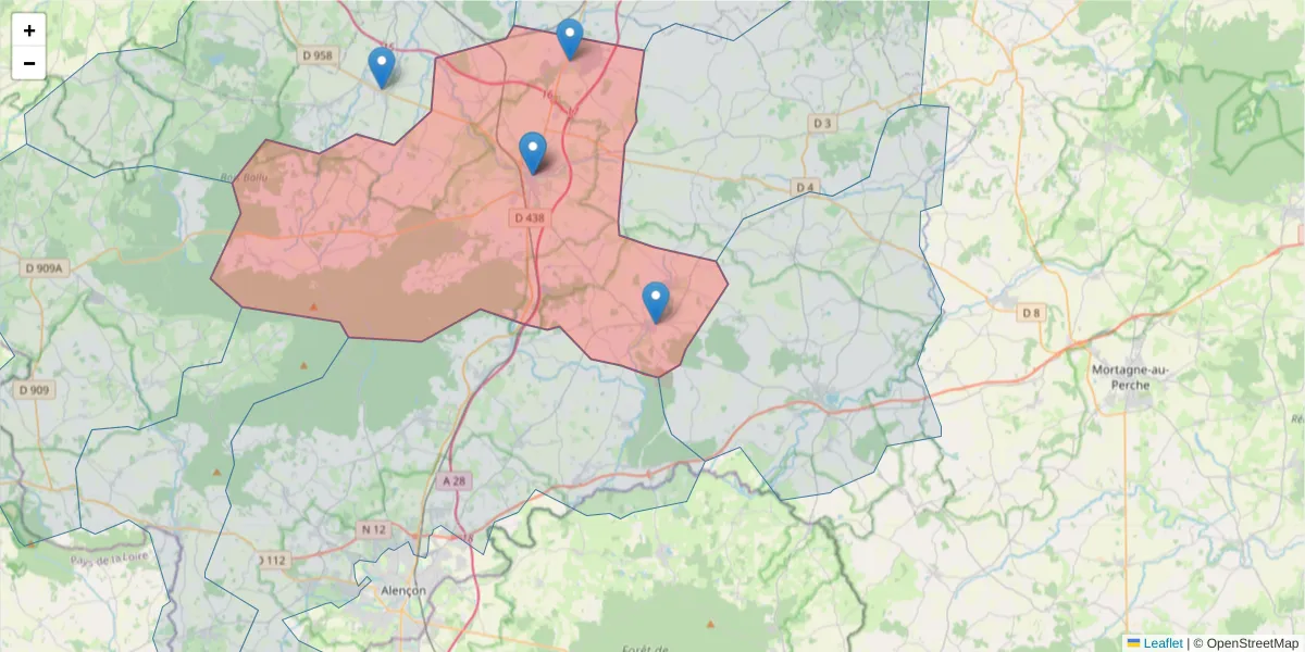 Carte de la zone du code postal  et des codes postaux voisins en France